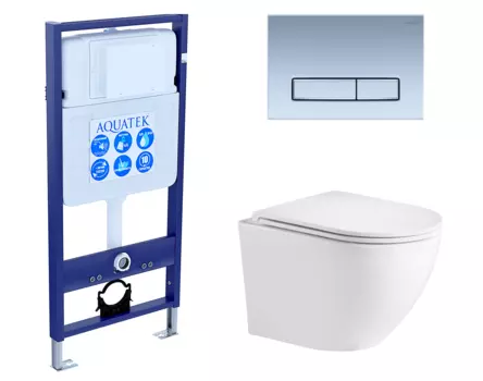 Комплект 3 в 1 инсталляция Акватек Standart 50 + Подвесной унитаз WeltWasser Merzbach 043 GL-WT с кнопкой хром матовой INS-0000012 + 10000008254 + KDI-0000024