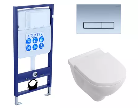 Комплект 3 в 1 инсталляция Акватек Standart 50 + Унитаз подвесной Villeroy & Boch O Novo Directflush с кнопкой хром матовой INS-0000012 + 5660HR01 + KDI-0000024