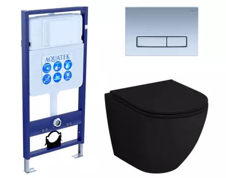 Комплект 3 в 1 инсталляция Акватек Standart 50 + Унитаз подвесной Grossman GR-4455BMS черный с кнопкой хром матовой INS-0000012 + GR-4455BMS + KDI-0000024