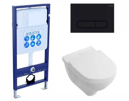 Комплект 3 в 1 инсталляция Акватек Standart 50 + Унитаз подвесной Villeroy & Boch O Novo Directflush с кнопкой черной INS-0000012 + 5660HR01 + KDI-0000025