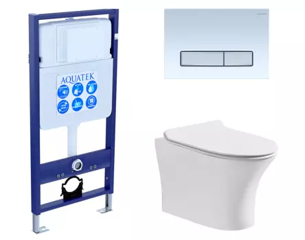 Комплект 3 в 1 инсталляция Акватек Standart 50 + Подвесной безободковый унитаз CeruttiSpa Bernina aria с кнопкой белой хром INS-0000012 + 7191 + KDI-0000030