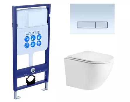 Комплект 3 в 1 инсталляция Акватек Standart 50 + Подвесной унитаз WeltWasser Merzbach 043 GL-WT с кнопкой белой хром INS-0000012 + 10000008254 + KDI-0000030