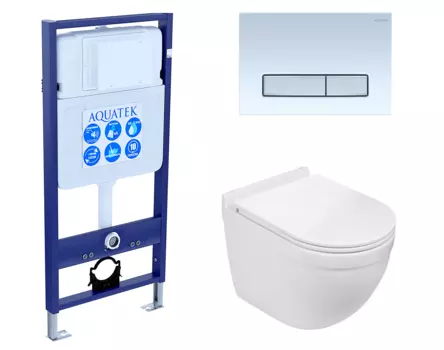 Комплект 3 в 1 инсталляция Акватек Standart 50 + Подвесной унитаз WeltWasser Heimbach 043 GL-WT с кнопкой белой хром INS-0000012 + 10000008260 + KDI-0000030