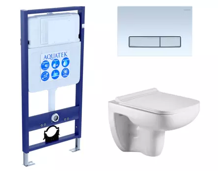 Комплект 3 в 1 инсталляция Акватек Standart 50 + Подвесной унитаз WeltWasser Kehlbach 004 GL-WT с кнопкой белой хром INS-0000012 + 10000003810 + KDI-0000030