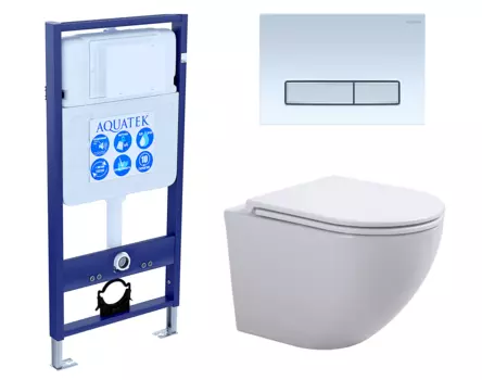 Комплект 3 в 1 инсталляция Акватек Standart 50 + Подвесной унитаз SinteSi EVI с кнопкой белой хром INS-0000012 + SIN-TS-EVI-151 + KDI-0000030