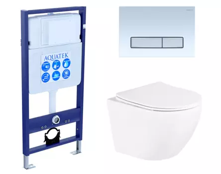 Комплект 3 в 1 инсталляция Акватек Standart 50 + Унитаз подвесной BelBagno Uno BB3105CHR/SC с кнопкой белой хром INS-0000012 + BB3105CHR/SC + KDI-0000030