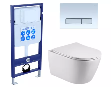 Комплект 3 в 1 инсталляция Акватек Standart 50 + Унитаз подвесной Акватек Вега AQ1905-00 с кнопкой белой хром INS-0000012 + AQ1905-00 + KDI-0000030