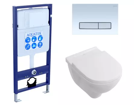 Комплект 3 в 1 инсталляция Акватек Standart 50 + Унитаз подвесной Villeroy & Boch O Novo Directflush с кнопкой белой хром INS-0000012 + 5660HR01 + KDI-0000030