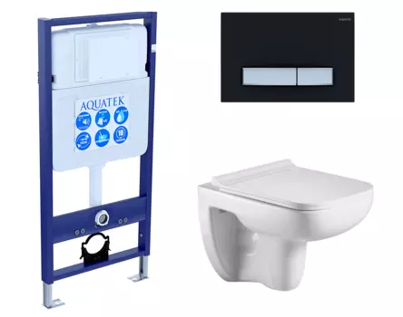 Комплект 3 в 1 инсталляция Акватек Standart 50 + Подвесной унитаз WeltWasser Kehlbach 004 GL-WT с кнопкой черной хром INS-0000012 + 10000003810 + KDI-0000031