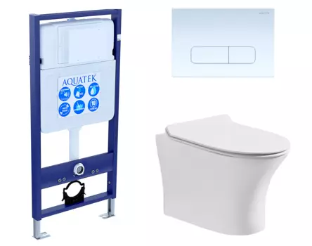 Комплект 3 в 1 инсталляция Акватек Standart 50 + Подвесной безободковый унитаз CeruttiSpa Bernina aria с кнопкой белой INS-0000012 + 7191 + KDI-0000013