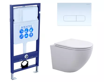 Комплект 3 в 1 инсталляция Акватек Standart 50 + Подвесной унитаз SinteSi EVI с кнопкой белой INS-0000012 + SIN-TS-EVI-151 + KDI-0000013