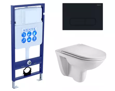 Комплект 3 в 1 инсталляция Акватек Standart 50 + Подвесной унитаз WeltWasser Baarbach 004 GL-WT с кнопкой черной INS-0000012 + 10000003811 + KDI-0000017