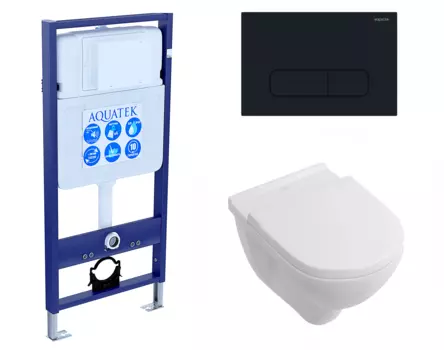Комплект 3 в 1 инсталляция Акватек Standart 50 + Унитаз подвесной Villeroy & Boch O Novo Directflush с кнопкой черной INS-0000012 + 5660HR01 + KDI-0000017
