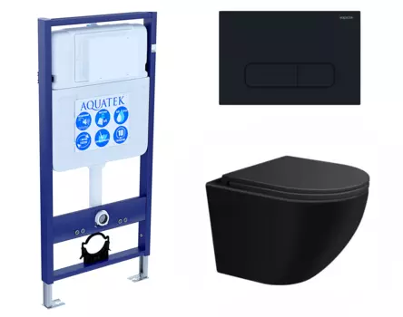 Комплект 3 в 1 инсталляция Акватек Standart 50 + Подвесной унитаз SinteSi EVI черный с кнопкой черной INS-0000012 + SIN-TS-EVI-151BM + KDI-0000017
