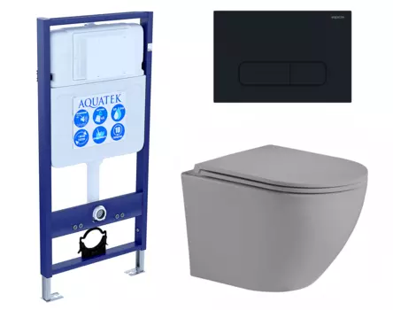 Комплект 3 в 1 инсталляция Акватек Standart 50 + Унитаз подвесной Weltwasser WW Merzbach 043 MT-GR серый с кнопкой черной INS-0000012 + 10000003708 + KDI-0000017