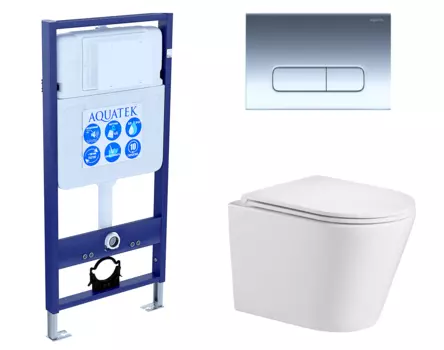 Комплект 3 в 1 инсталляция Акватек Standart 50 + Подвесной унитаз WeltWasser Salzbach 043 GL-WT с кнопкой хром INS-0000012 + 10000008257 + KDI-0000016