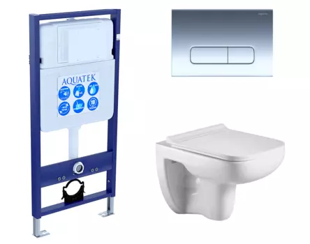 Комплект 3 в 1 инсталляция Акватек Standart 50 + Подвесной унитаз WeltWasser Kehlbach 004 GL-WT с кнопкой хром INS-0000012 + 10000003810 + KDI-0000016