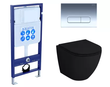 Комплект 3 в 1 инсталляция Акватек Standart 50 + Унитаз подвесной Grossman GR-4455BMS черный с кнопкой хром INS-0000012 + GR-4455BMS + KDI-0000016