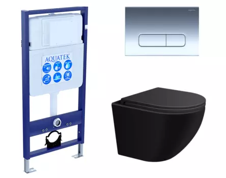 Комплект 3 в 1 инсталляция Акватек Standart 50 + Подвесной унитаз SinteSi EVI черный с кнопкой хром INS-0000012 + SIN-TS-EVI-151BM + KDI-0000016