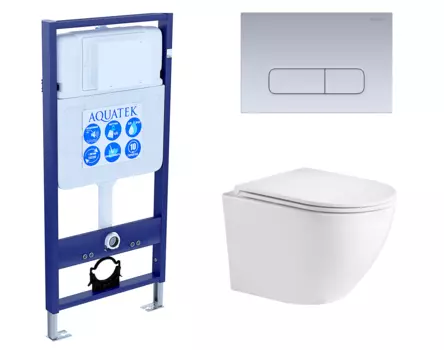 Комплект 3 в 1 инсталляция Акватек Standart 50 + Подвесной унитаз WeltWasser Merzbach 043 GL-WT с кнопкой хром матовой INS-0000012 + 10000008254 + KDI-0000014