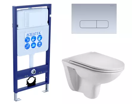 Комплект 3 в 1 инсталляция Акватек Standart 50 + Подвесной унитаз WeltWasser Baarbach 004 GL-WT с кнопкой хром матовой INS-0000012 + 10000003811 + KDI-0000014