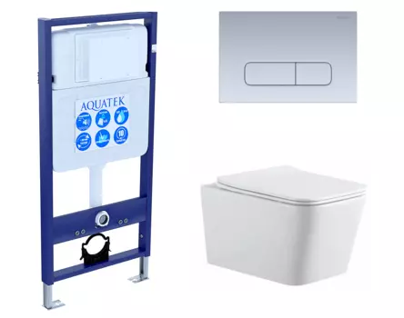 Комплект 3 в 1 инсталляция Акватек Standart 50 + Подвесной унитаз SinteSi BALTI с кнопкой хром матовой INS-0000012 + SIN-TS-BLT-171 + KDI-0000014