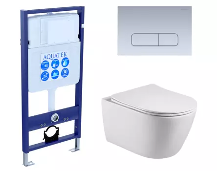 Комплект 3 в 1 инсталляция Акватек Standart 50 + Унитаз подвесной Акватек Вега AQ1905-00 с кнопкой хром матовой INS-0000012 + AQ1905-00 + KDI-0000014