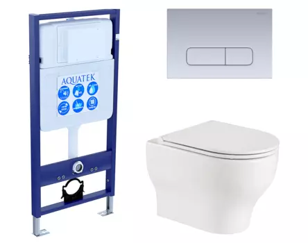 Комплект 3 в 1 инсталляция Акватек Standart 50 + Подвесной унитаз WeltWasser Erlenbach 004 GL-WT с кнопкой хром матовой INS-0000012 + 10000003807 + KDI-0000014