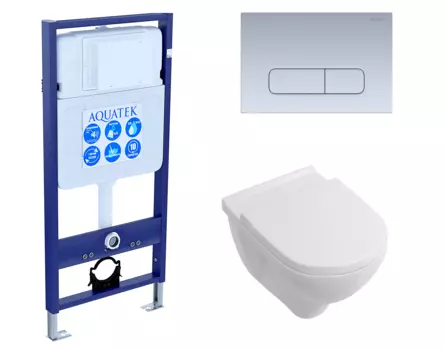 Комплект 3 в 1 инсталляция Акватек Standart 50 + Унитаз подвесной Villeroy & Boch O Novo Directflush с кнопкой хром матовой INS-0000012 + 5660HR01 + KDI-0000014