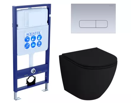 Комплект 3 в 1 инсталляция Акватек Standart 50 + Унитаз подвесной Grossman GR-4455BMS черный с кнопкой хром матовой INS-0000012 + GR-4455BMS + KDI-0000014