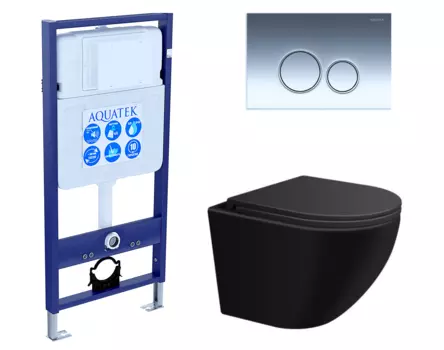 Комплект 3 в 1 инсталляция Акватек Standart 50 + Подвесной унитаз SinteSi EVI черный с кнопкой хром INS-0000012 + SIN-TS-EVI-151BM + KDI-0000018