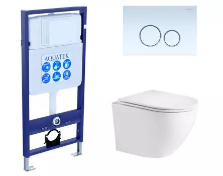 Комплект 3 в 1 инсталляция Акватек Standart 50 + Подвесной унитаз WeltWasser Merzbach 043 GL-WT с кнопкой белой INS-0000012 + 10000008254 + KDI-0000015
