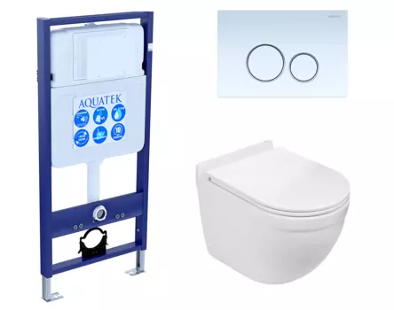 Комплект 3 в 1 инсталляция Акватек Standart 50 + Подвесной унитаз WeltWasser Heimbach 043 GL-WT с кнопкой белой INS-0000012 + 10000008260 + KDI-0000015