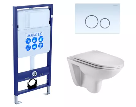 Комплект 3 в 1 инсталляция Акватек Standart 50 + Подвесной унитаз WeltWasser Baarbach 004 GL-WT с кнопкой белой INS-0000012 + 10000003811 + KDI-0000015