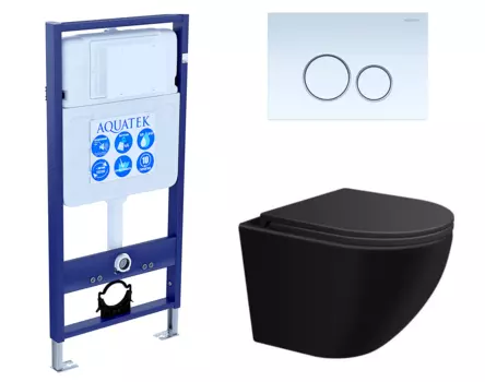 Комплект 3 в 1 инсталляция Акватек Standart 50 + Подвесной унитаз SinteSi EVI черный с кнопкой белой INS-0000012 + SIN-TS-EVI-151BM + KDI-0000015