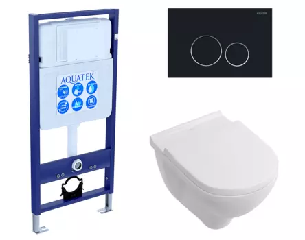 Комплект 3 в 1 инсталляция Акватек Standart 50 + Унитаз подвесной Villeroy & Boch O Novo Directflush с кнопкой черной INS-0000012 + 5660HR01 + KDI-0000020