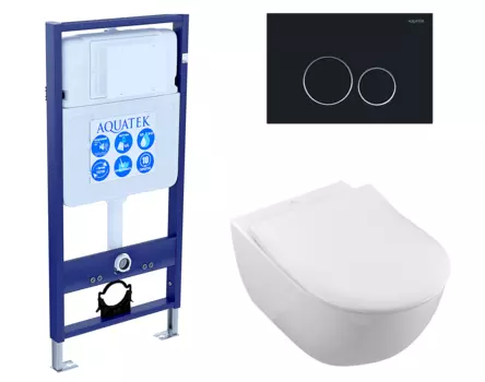 Комплект 3 в 1 инсталляция Акватек Standart 50 + Унитаз подвесной Villeroy & Boch Subway 2.0 с кнопкой черной INS-0000012 + 5614R201 + KDI-0000020