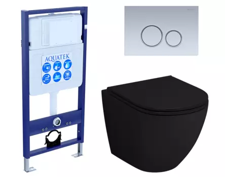 Комплект 3 в 1 инсталляция Акватек Standart 50 + Унитаз подвесной Grossman GR-4455BMS черный с кнопкой хром матовой INS-0000012 + GR-4455BMS + KDI-0000019