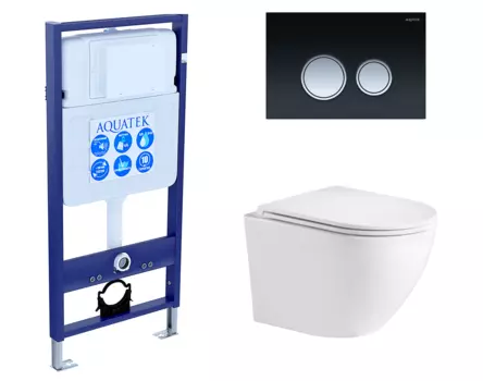 Комплект 3 в 1 инсталляция Акватек Standart 50 + Подвесной унитаз WeltWasser Merzbach 043 GL-WT с кнопкой черной хром INS-0000012 + 10000008254 + KDI-0000029
