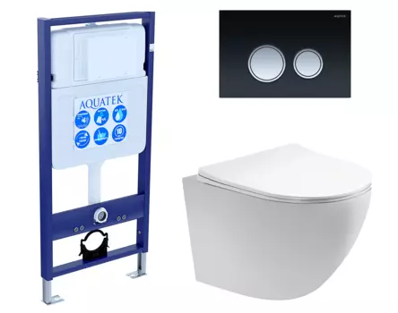 Комплект 3 в 1 инсталляция Акватек Standart 50 + Унитаз подвесной Акватек Европа AQ1900-00 с кнопкой черной хром INS-0000012 + AQ1900-00 + KDI-0000029