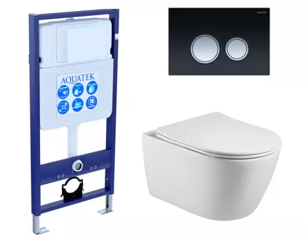 Комплект 3 в 1 инсталляция Акватек Standart 50 + Унитаз подвесной Акватек Вега AQ1905-00 с кнопкой черной хром INS-0000012 + AQ1905-00 + KDI-0000029