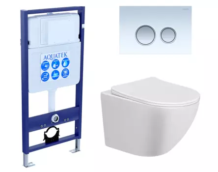Комплект 3 в 1 инсталляция Акватек Standart 50 + Унитаз подвесной Taliente Amato AM25010 с кнопкой белой хром INS-0000012 + AM25010 + KDI-0000028