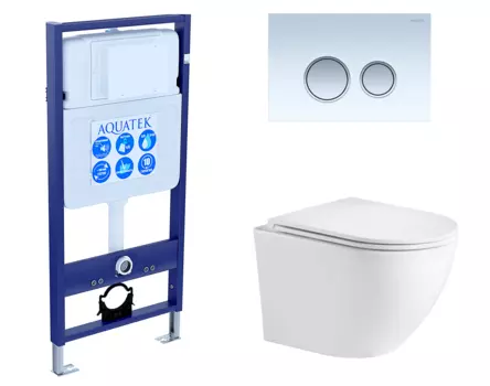 Комплект 3 в 1 инсталляция Акватек Standart 50 + Подвесной унитаз WeltWasser Merzbach 043 GL-WT с кнопкой белой хром INS-0000012 + 10000008254 + KDI-0000028