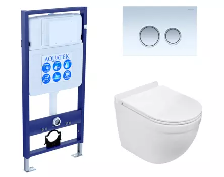 Комплект 3 в 1 инсталляция Акватек Standart 50 + Подвесной унитаз WeltWasser Heimbach 043 GL-WT с кнопкой белой хром INS-0000012 + 10000008260 + KDI-0000028