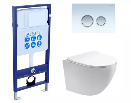 Комплект 3 в 1 инсталляция Акватек Standart 50 + Унитаз подвесной Акватек Европа AQ1900-00 с кнопкой белой хром INS-0000012 + AQ1900-00 + KDI-0000028