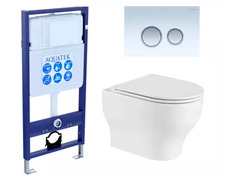 Комплект 3 в 1 инсталляция Акватек Standart 50 + Подвесной унитаз WeltWasser Erlenbach 004 GL-WT с кнопкой белой хром INS-0000012 + 10000003807 + KDI-0000028
