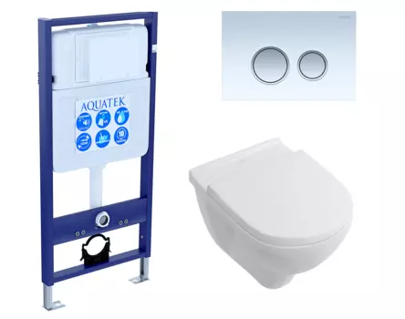 Комплект 3 в 1 инсталляция Акватек Standart 50 + Унитаз подвесной Villeroy & Boch O Novo Directflush с кнопкой белой хром INS-0000012 + 5660HR01 + KDI-0000028