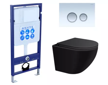 Комплект 3 в 1 инсталляция Акватек Standart 50 + Подвесной унитаз SinteSi EVI черный с кнопкой белой хром INS-0000012 + SIN-TS-EVI-151BM + KDI-0000028