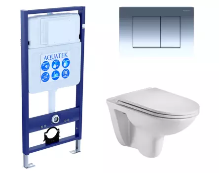 Комплект 3 в 1 инсталляция Акватек Standart 50 + Подвесной унитаз WeltWasser Baarbach 004 GL-WT с кнопкой хром INS-0000012 + 10000003811 + KDI-0000010