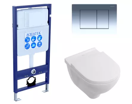 Комплект 3 в 1 инсталляция Акватек Standart 50 + Унитаз подвесной Villeroy & Boch O Novo Directflush с кнопкой хром INS-0000012 + 5660HR01 + KDI-0000010